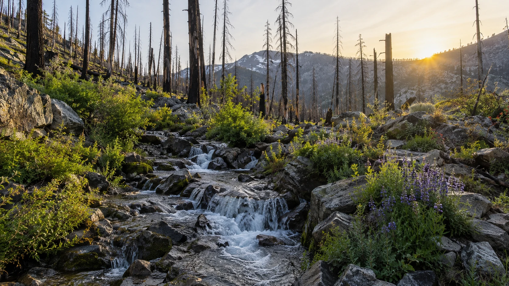 Post-fire California mountainside with native shrubs, wildflowers and a flowing creek