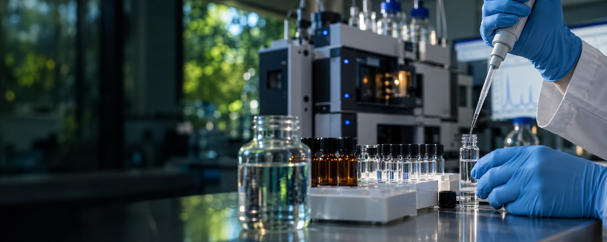 Illustrative laboratory scene of water samples being prepared for herbicide analysis